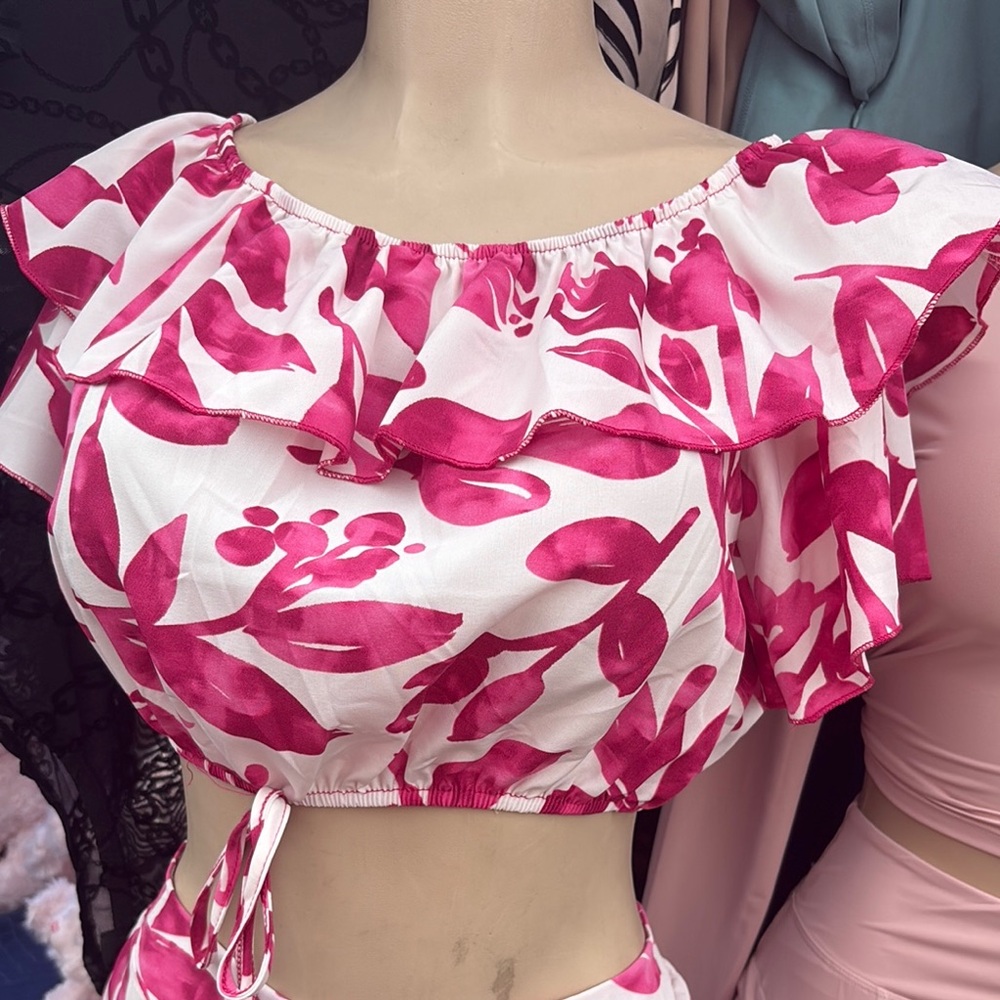 Pink Ruffled Crop Blouse with pantsuit